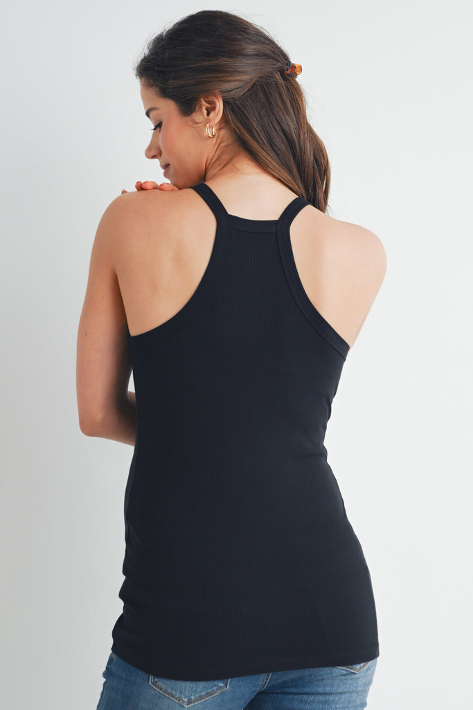 Black Ribbed V Neck Racerback Maternity Tank Top Back View