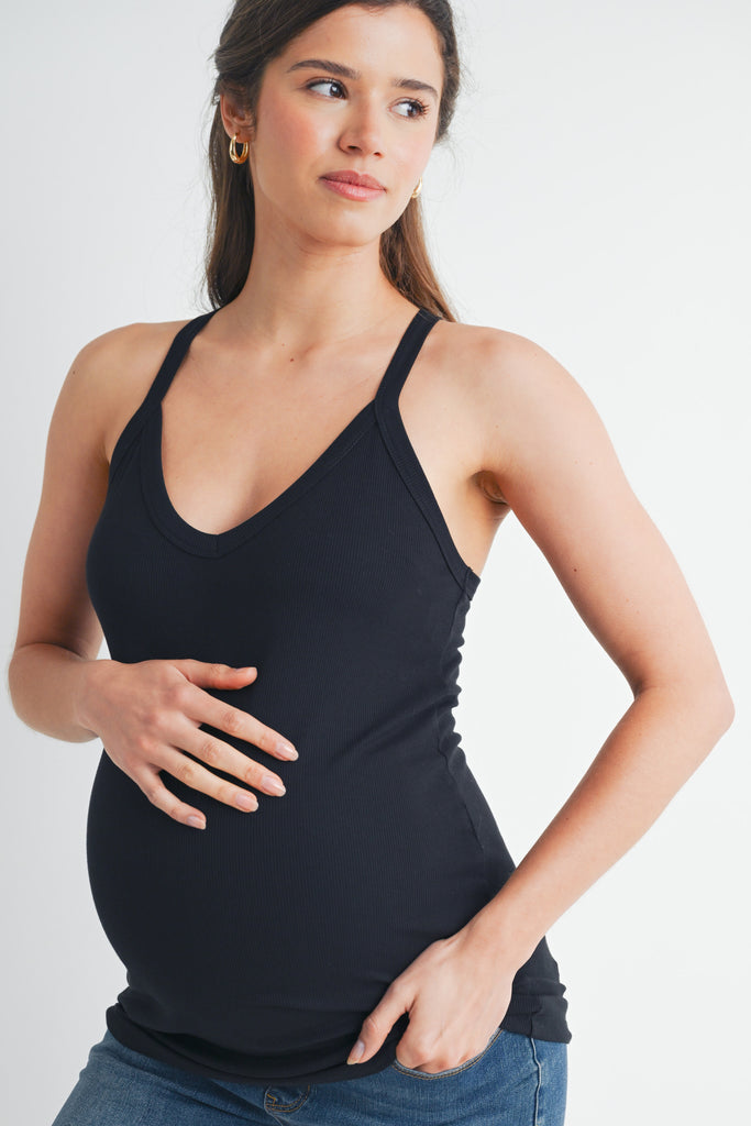 Black Ribbed V Neck Racerback Maternity Tank Top Side View