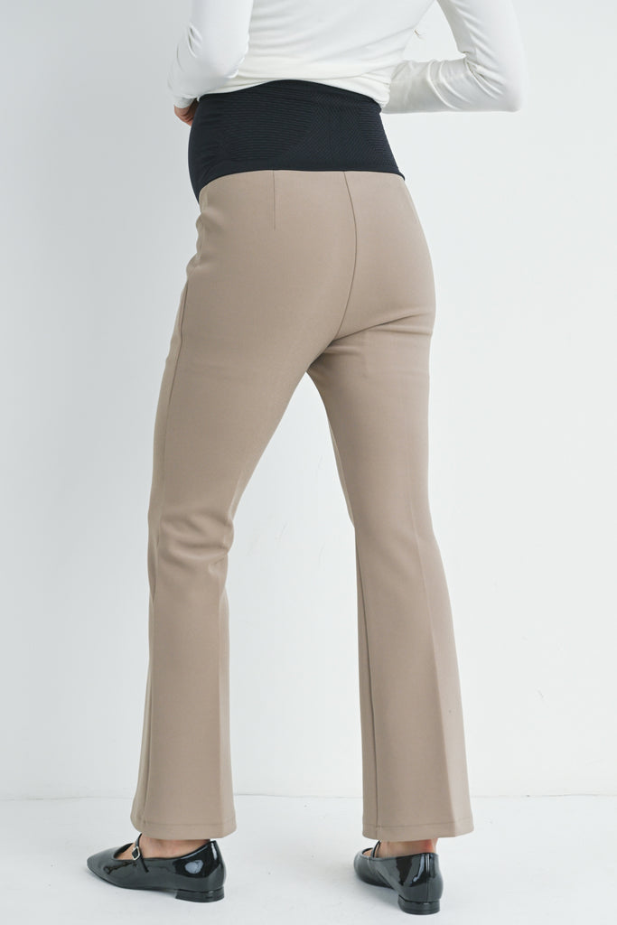 Taupe Flared Over The Belly Maternity Pants with Pockets Back View