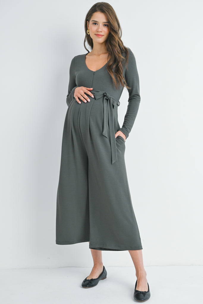 Grey Zip Up Wide Leg Long Sleeve Belted Maternity Jumpsuit Front View