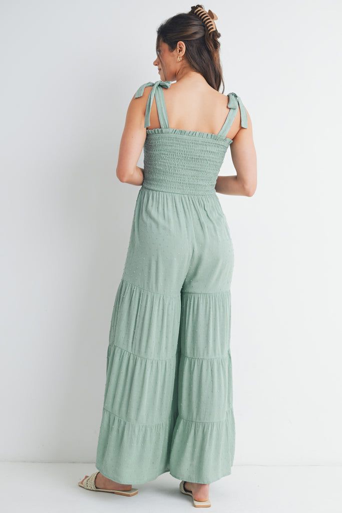 Blue Smocked Tie Strap Wide Leg Maternity Jumpsuit Back View