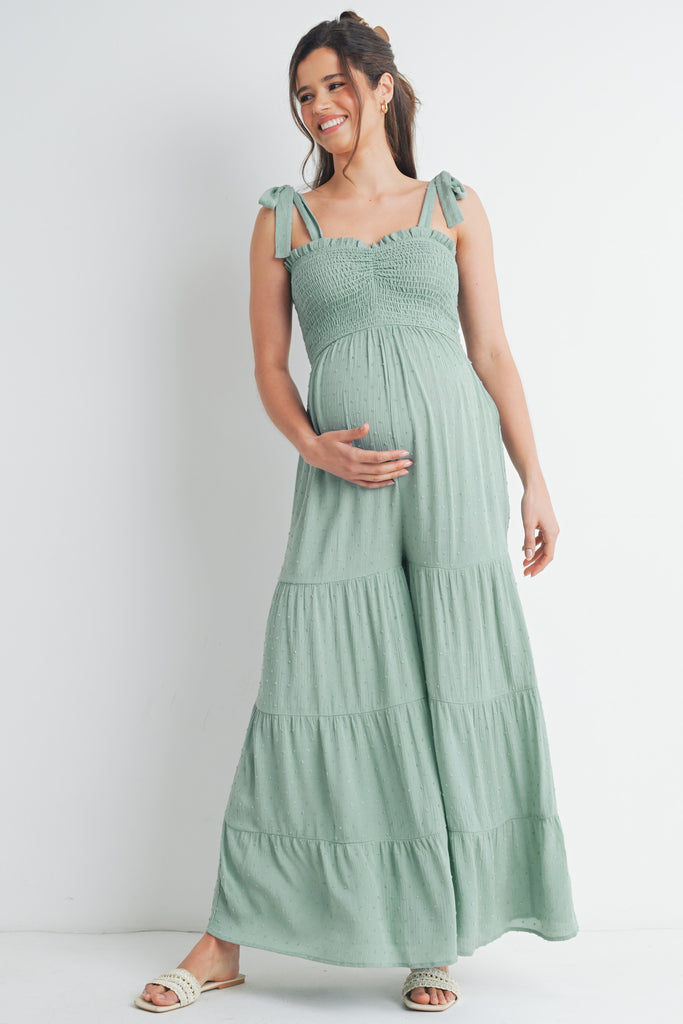 Blue Smocked Tie Strap Wide Leg Maternity Jumpsuit Front View