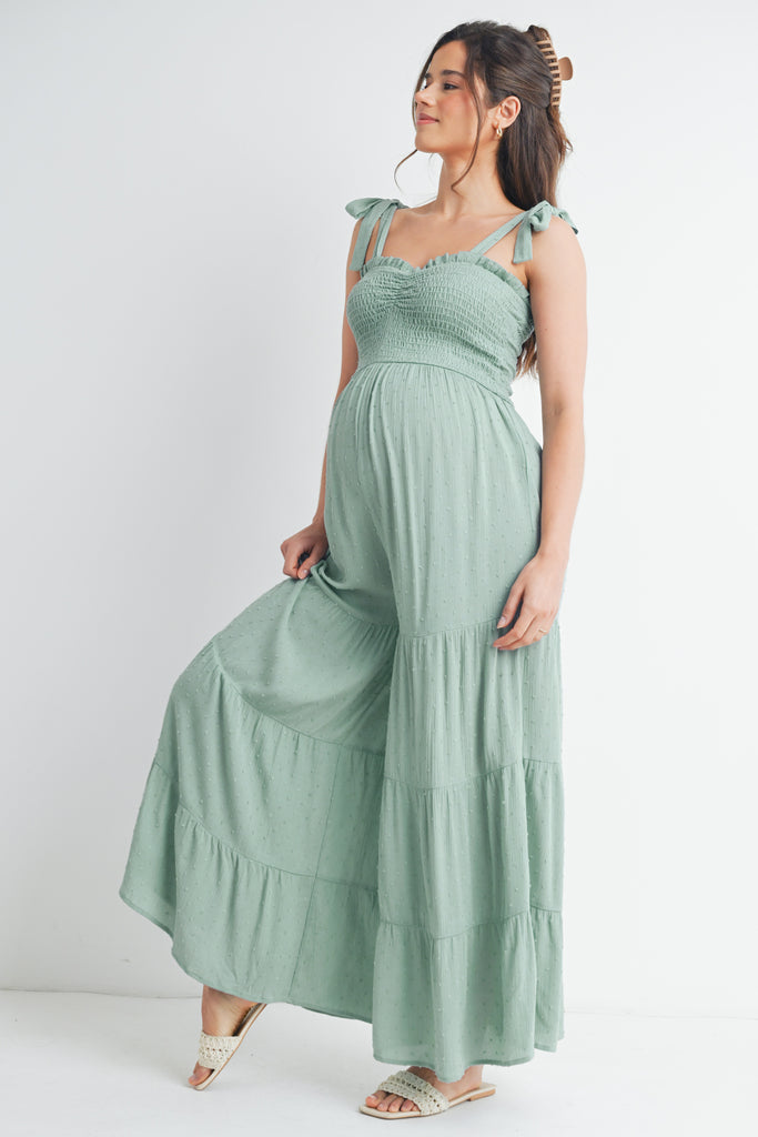 Blue Smocked Tie Strap Wide Leg Maternity Jumpsuit Side View