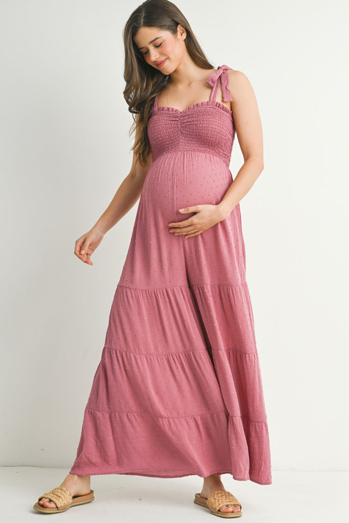 Mauve Smocked Tie Strap Wide Leg Maternity Jumpsuit Front View