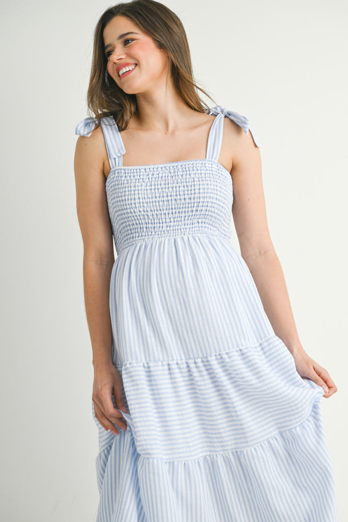 Chambray Striped Smocking Tiered Maternity Midi Dress Close Up