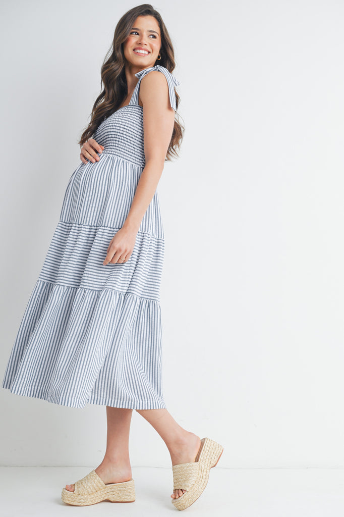 Denim Striped Smocking Tiered Maternity Midi Dress Side View