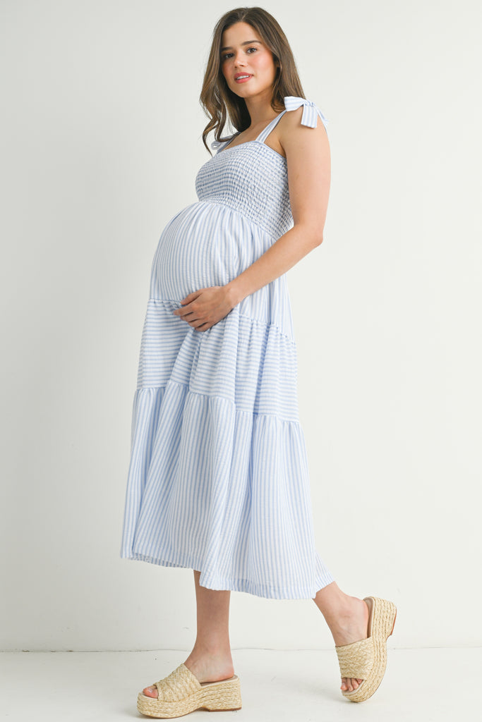 Chambray Striped Smocking Tiered Maternity Midi Dress Side View