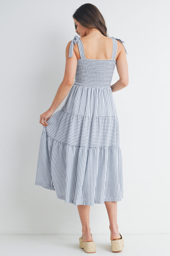 Denim Striped Smocking Tiered Maternity Midi Dress Back View