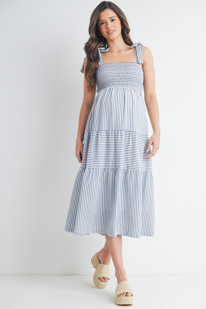 Denim Striped Smocking Tiered Maternity Midi Dress Front View