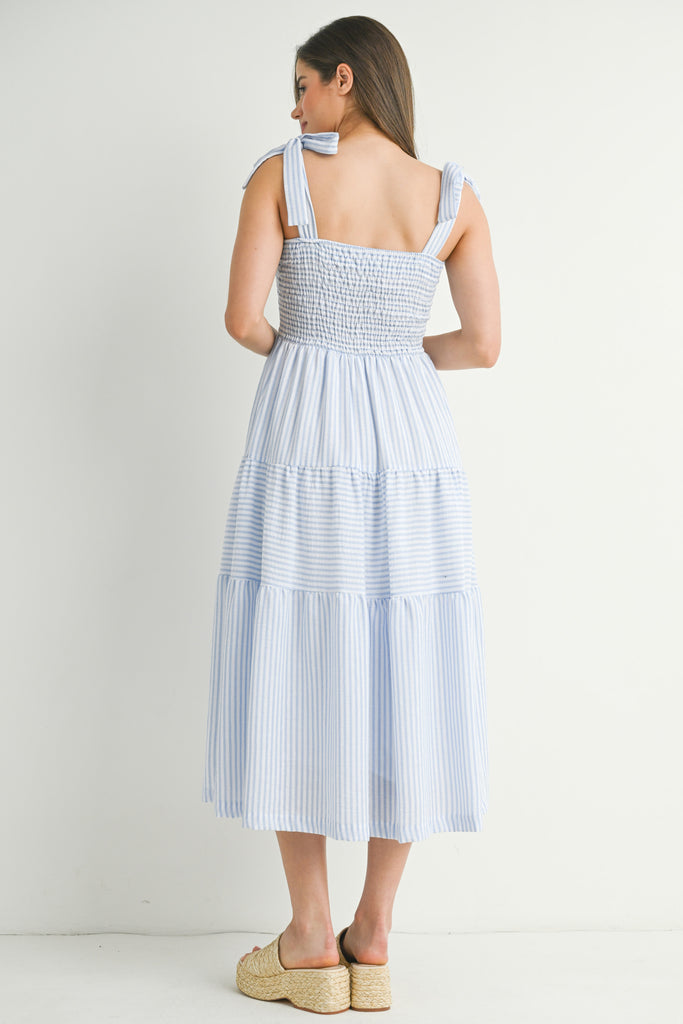 Chambray Striped Smocking Tiered Maternity Midi Dress Back View