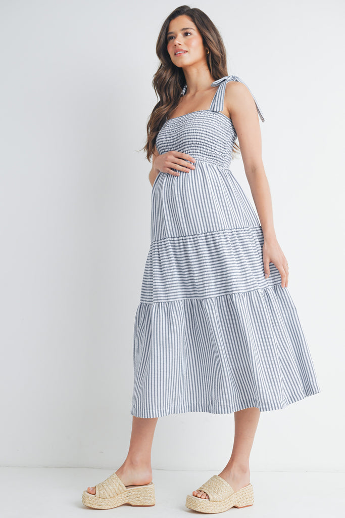 Denim Striped Smocking Tiered Maternity Midi Dress Side View