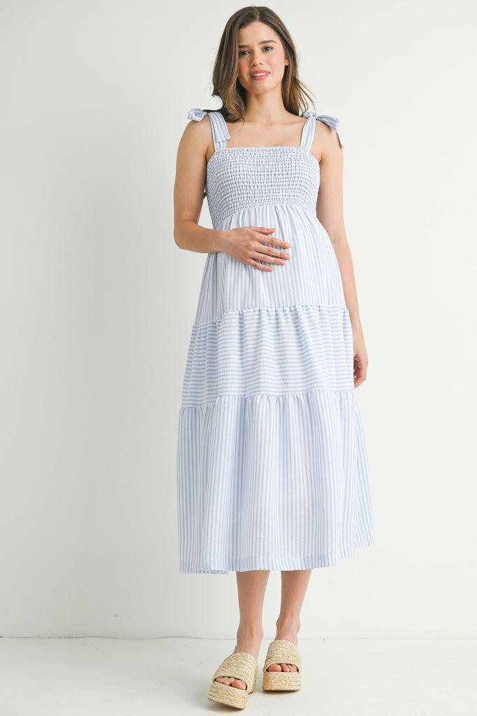 Chambray Striped Smocking Tiered Maternity Midi Dress Front View