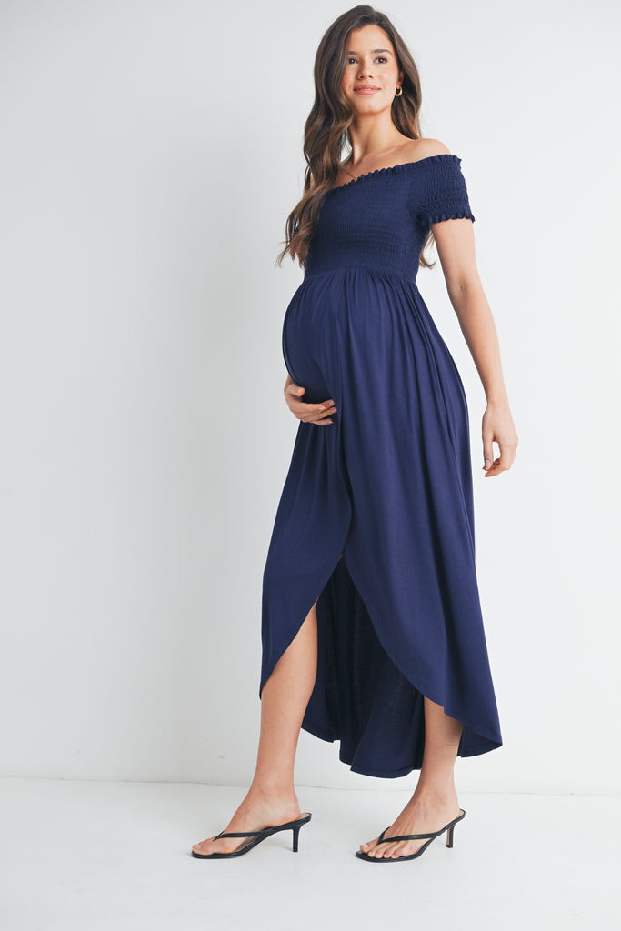 Navy Off Shoulder Smocked Maternity Midi Dress Side View