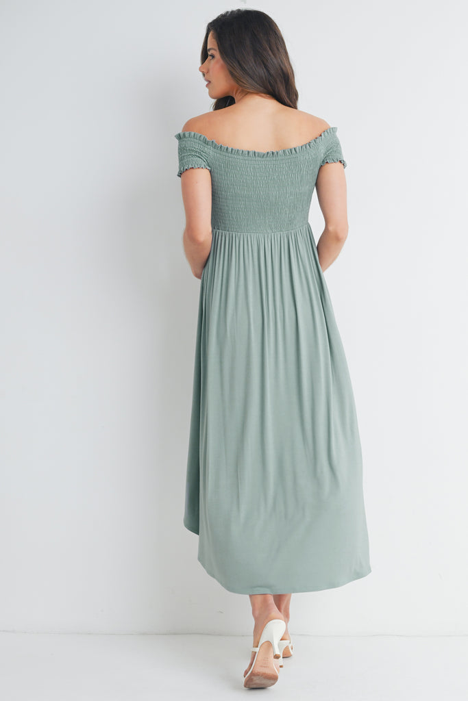 Sage Off Shoulder Smocked Maternity Midi Dress Back View