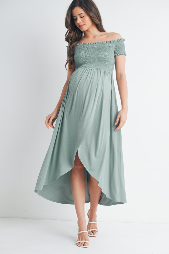 Sage Off Shoulder Smocked Maternity Midi Dress Front View