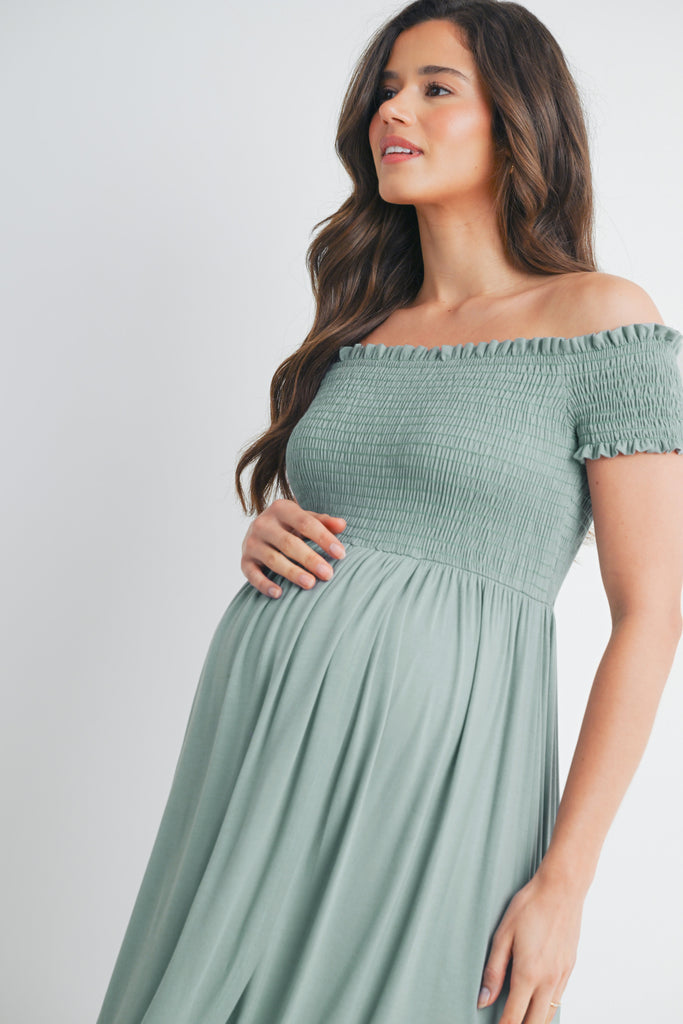 Sage Off Shoulder Smocked Maternity Midi Dress Close Up Detail