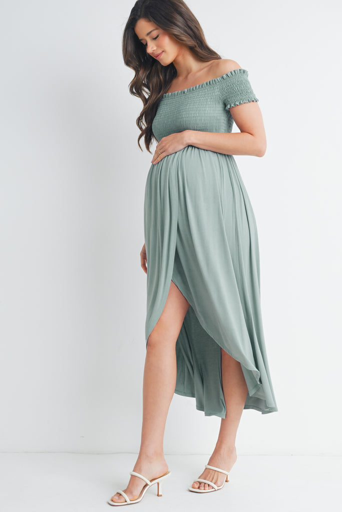 Sage Off Shoulder Smocked Maternity Midi Dress Side View