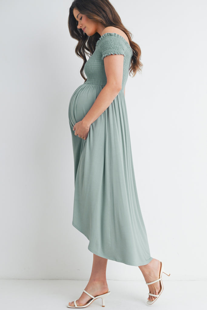 Sage Off Shoulder Smocked Maternity Midi Dress Side View