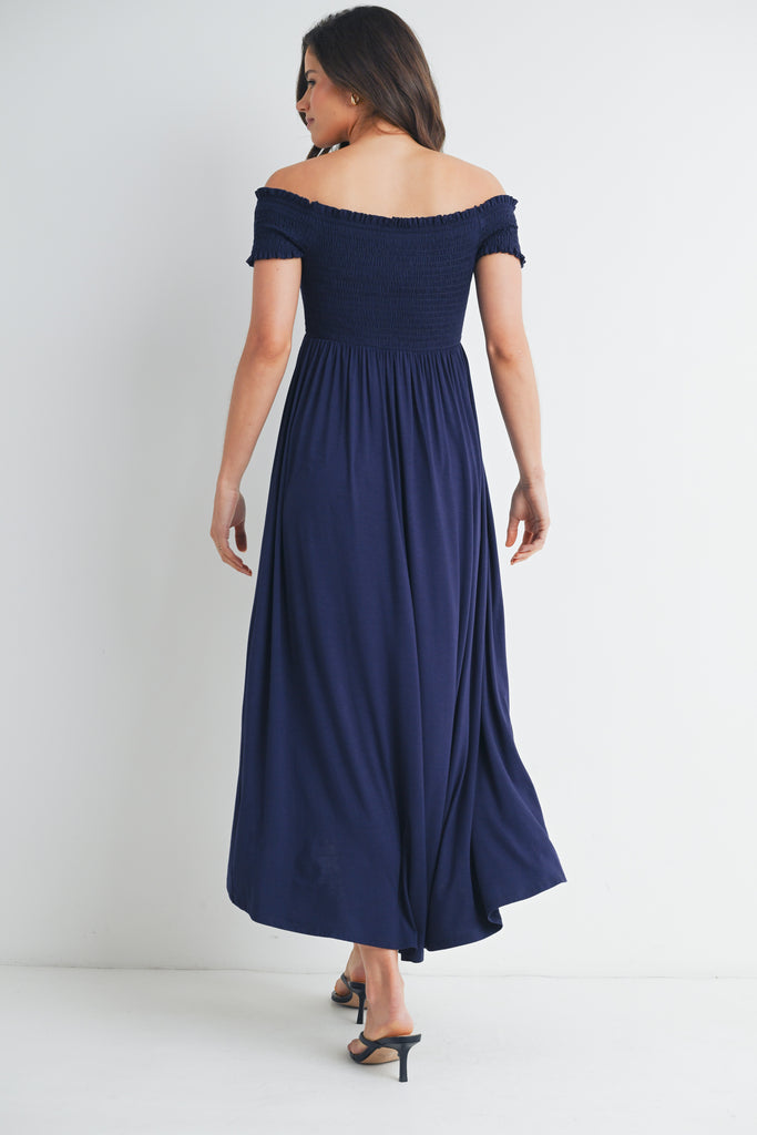 Navy Off Shoulder Smocked Maternity Midi Dress Back View