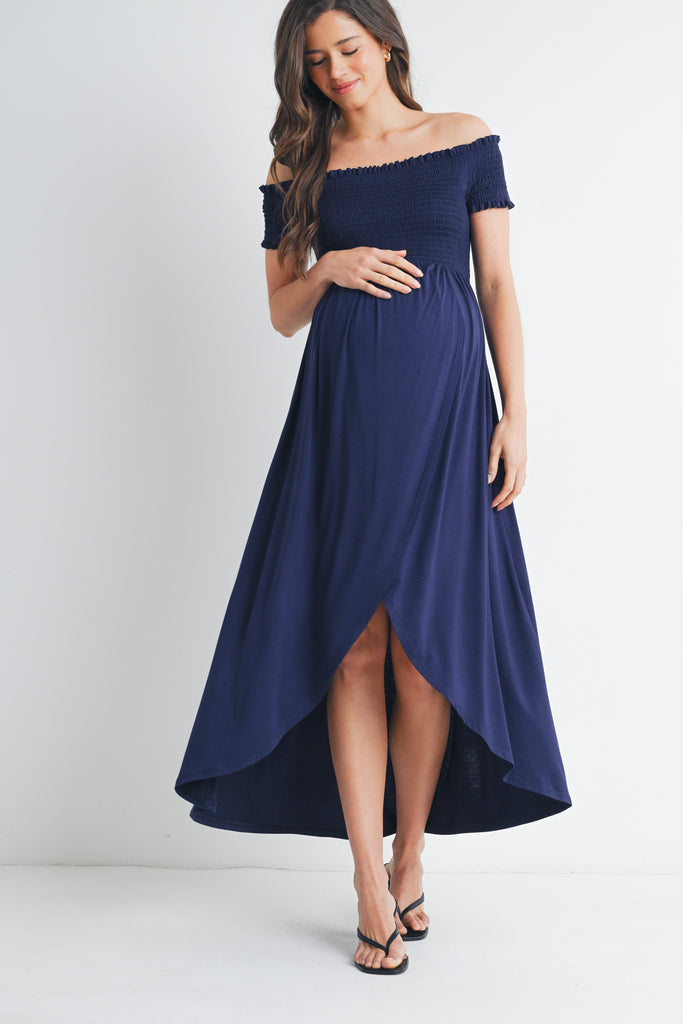 Navy Off Shoulder Smocked Maternity Midi Dress Front View