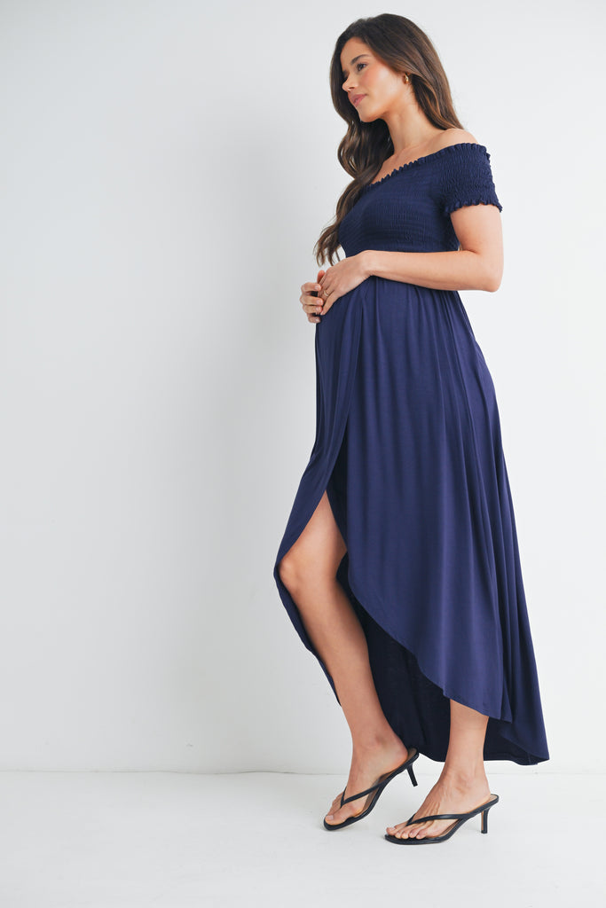 Navy Off Shoulder Smocked Maternity Midi Dress Side View