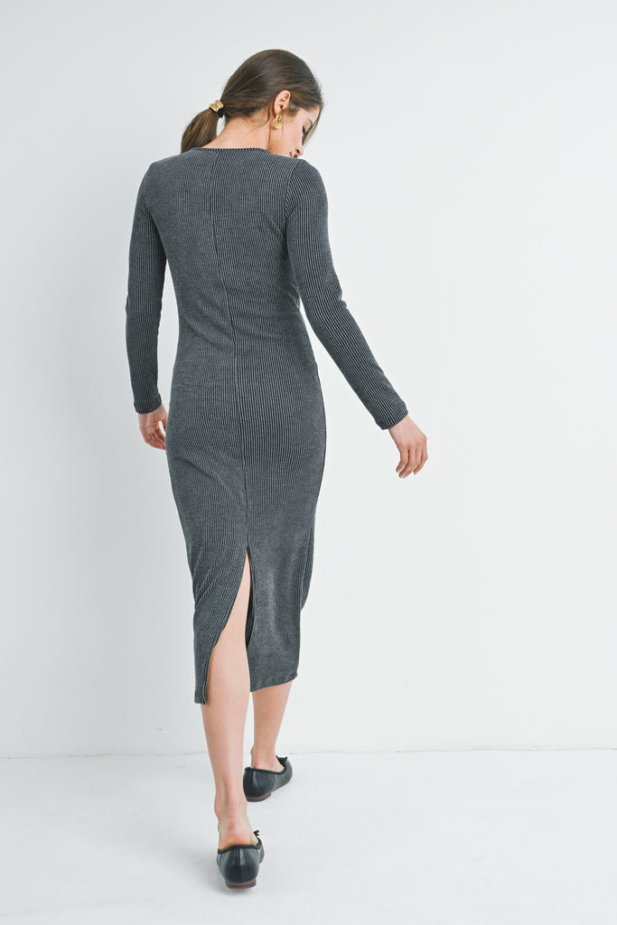 Charcoal Ribbed Sweetheart Neck Long Sleeve Maternity Dress Back View