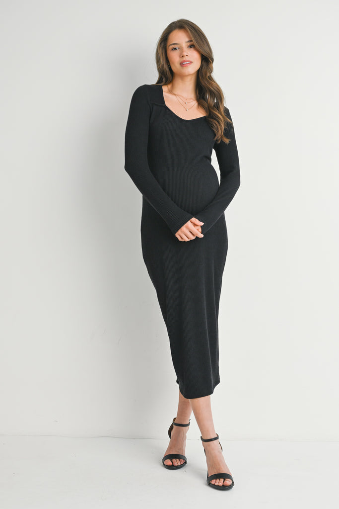 Black Ribbed Sweetheart Neck Long Sleeve Maternity Dress Front View