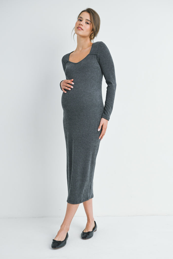 Charcoal Ribbed Sweetheart Neck Long Sleeve Maternity Dress Front View