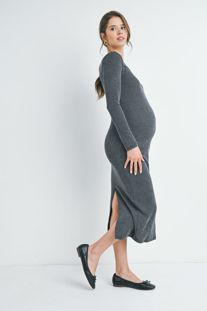 Charcoal Ribbed Sweetheart Neck Long Sleeve Maternity Dress Side View