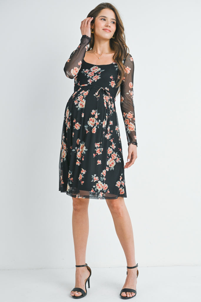 Black Floral Tie Waist Long Sleeve Square Neck Maternity Dress Full Body