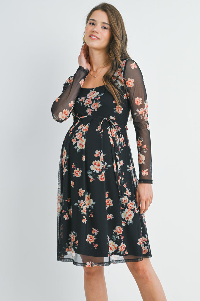 Black Floral Tie Waist Long Sleeve Square Neck Maternity Dress Front View