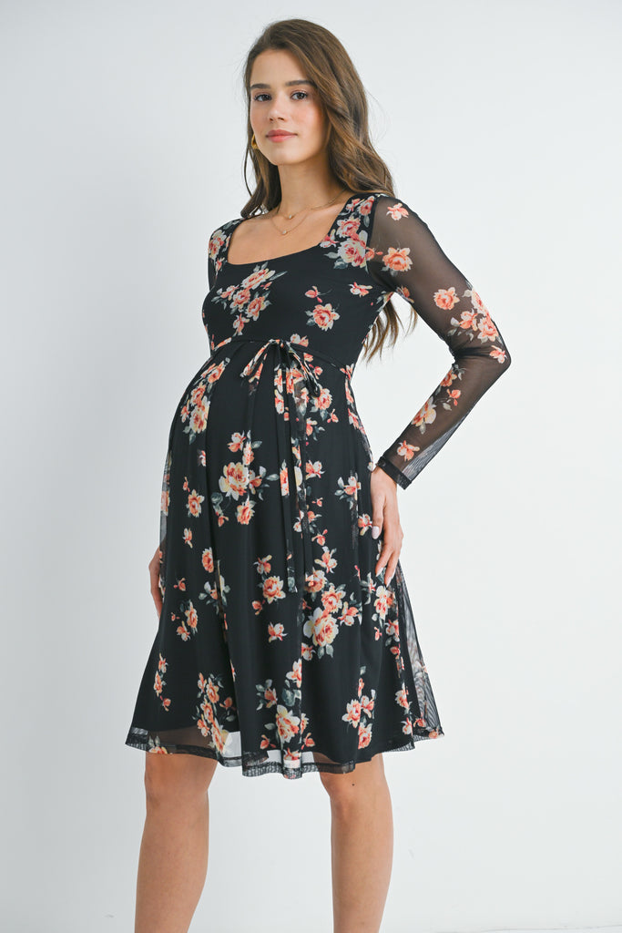 Black Floral Tie Waist Long Sleeve Square Neck Maternity Dress Side View