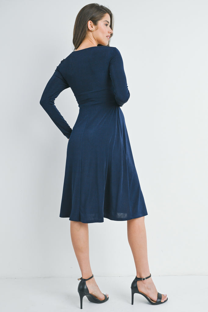 Navy Long Sleeve V Neck Wrap Nursing Friendly Maternity Dress Back View