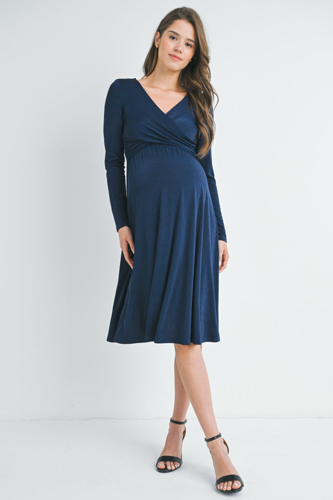 Navy Long Sleeve V Neck Wrap Nursing Friendly Maternity Dress Front View