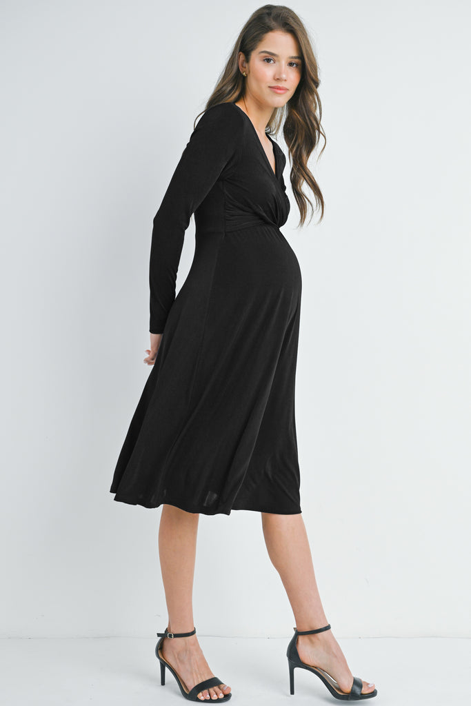 Black Long Sleeve V Neck Wrap Nursing Friendly Maternity Dress Side View