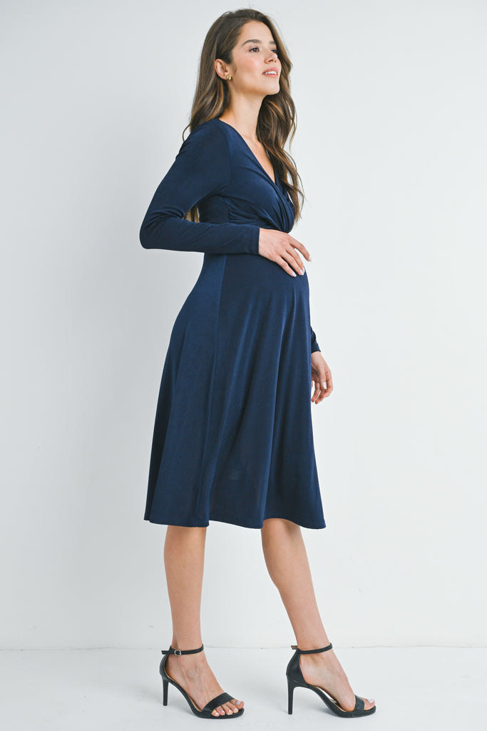 Navy Long Sleeve V Neck Wrap Nursing Friendly Maternity Dress Side View