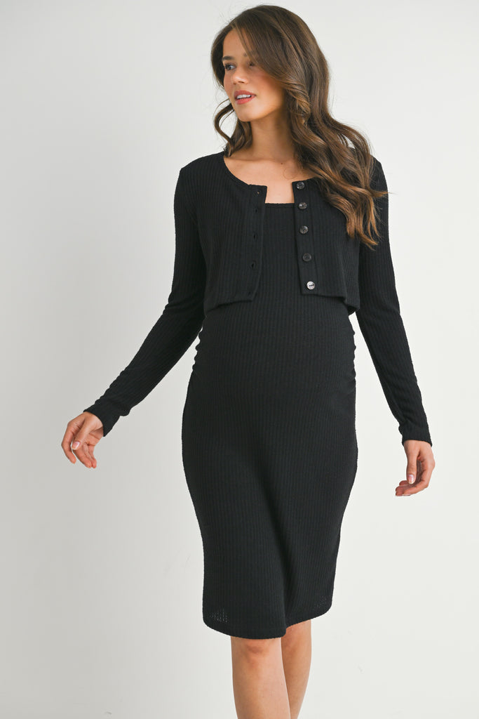 Black 2 Piece Rib Knit Spaghetti Strap Bodycon Maternity Dress with Long Sleeve Cardigan Front View