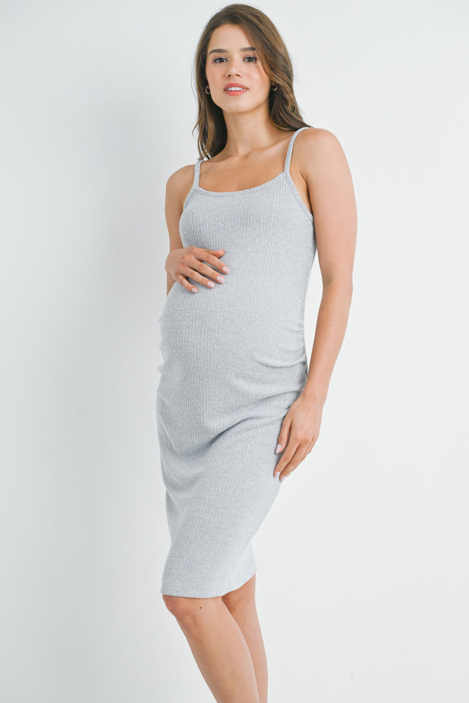 Heather Grey 2 Piece Rib Knit Spaghetti Strap Bodycon Maternity Dress with Long Sleeve Cardigan Front View