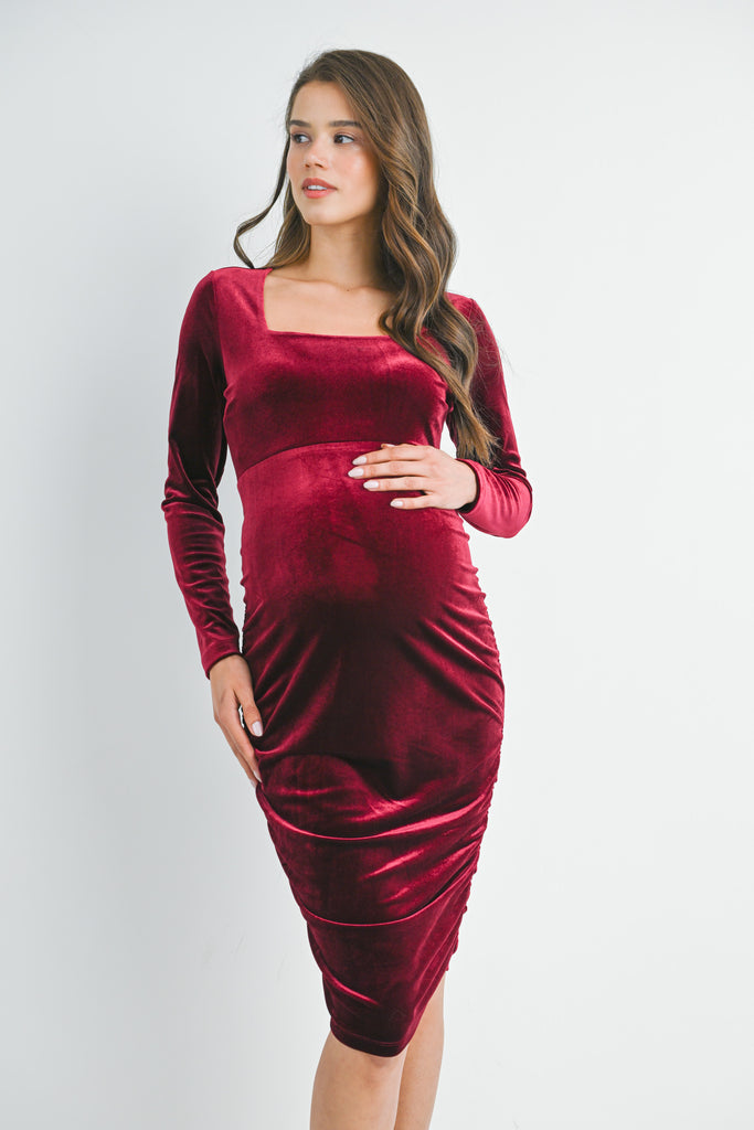 Burgundy Fitted Velvet Square Neck Side Ruched Maternity Dress Front 
View