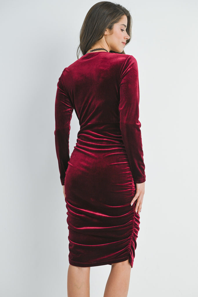 Burgundy Fitted Velvet Square Neck Side Ruched Maternity Dress Back View