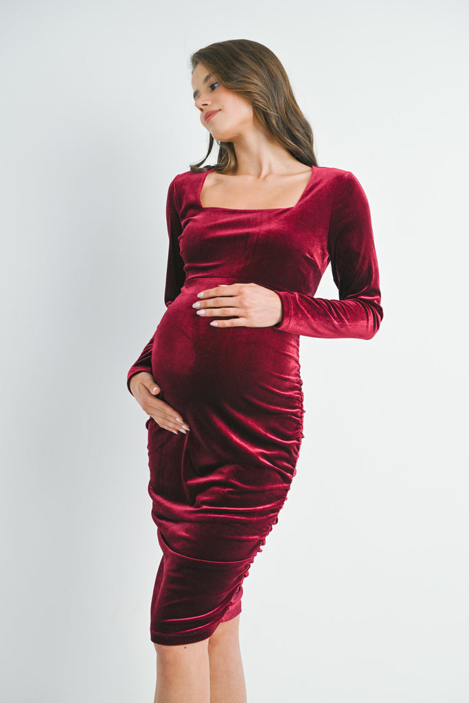 Burgundy Fitted Velvet Square Neck Side Ruched Maternity Dress Side View