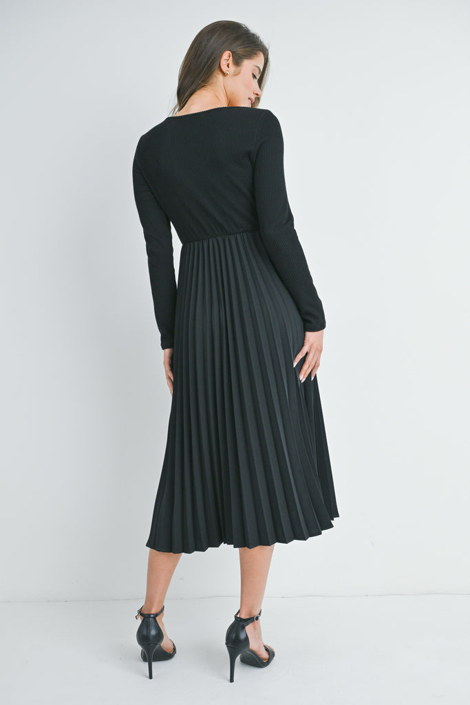 Black Long Sleeve Pleated Skirt Maternity Dress Back View