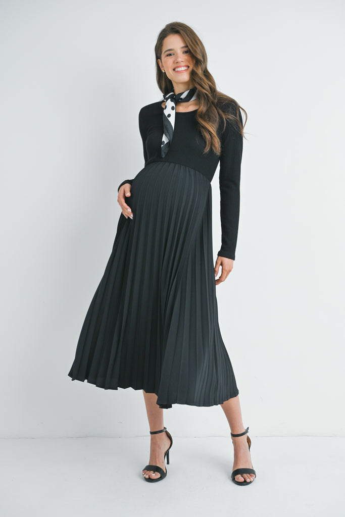 Black Long Sleeve Pleated Skirt Maternity Dress Front View