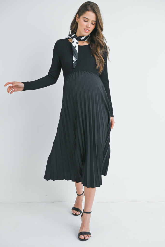 Black Long Sleeve Pleated Skirt Maternity Dress Front View