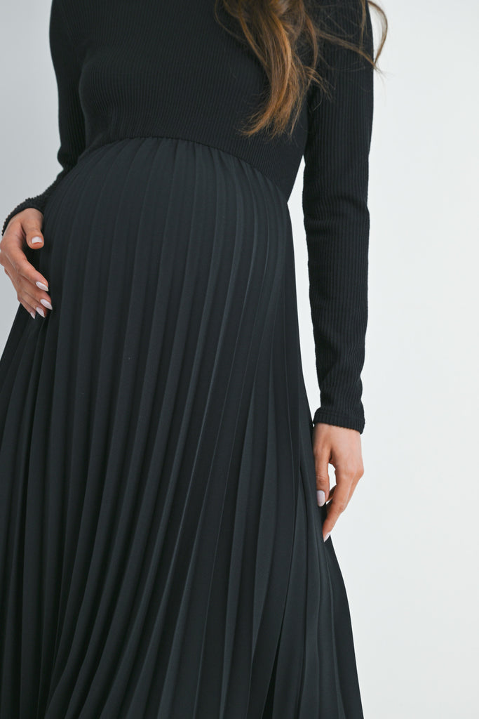 Black Long Sleeve Pleated Skirt Maternity Dress Skirt Close Up