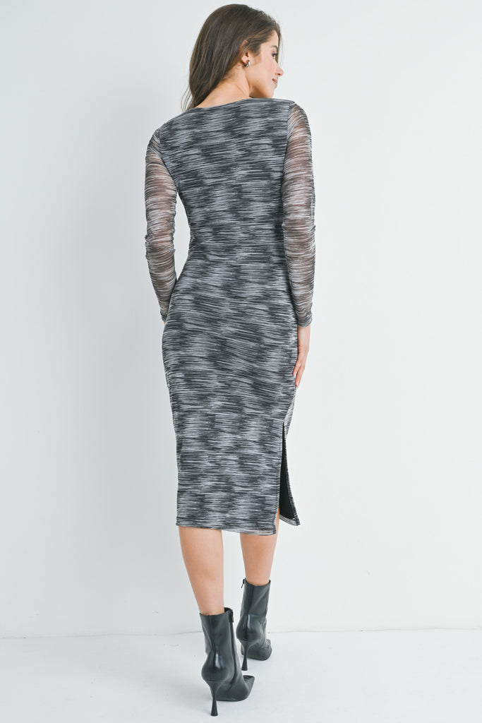 Charcoal/Grey Scoop Neck Side Slit Long Sleeve Mesh Printed Maternity Dress Back View