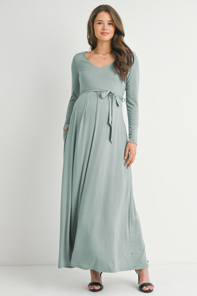 Sage Long Sleeve V Neck  Maternity Maxi Dress with Waist Belt Front View