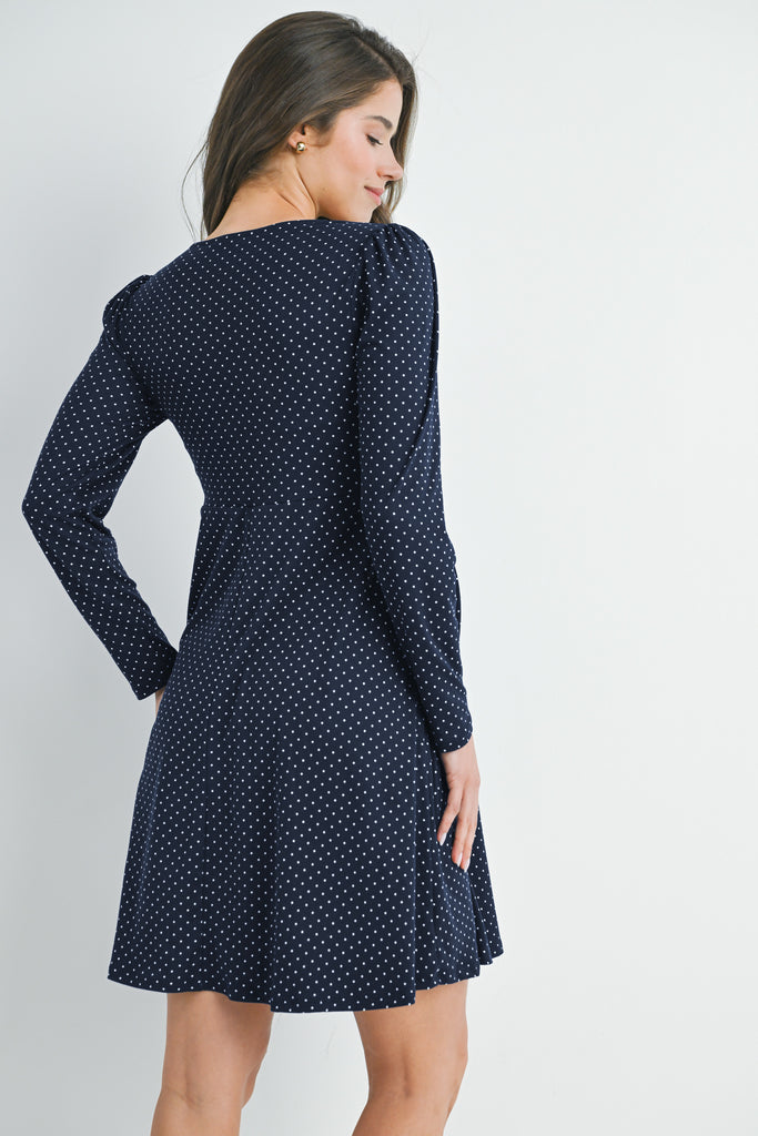 Navy Polka Dot Shirred Waist Long Sleeve Maternity Dress Back View