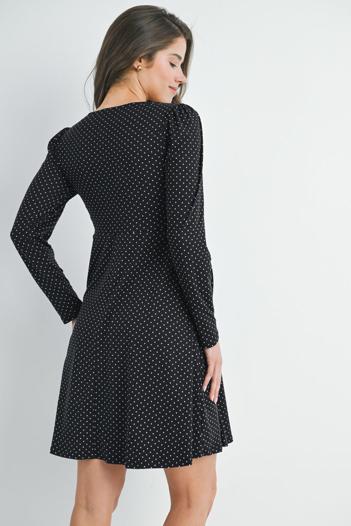 Black Polka Dot Shirred Waist Long Sleeve Maternity Dress Back View