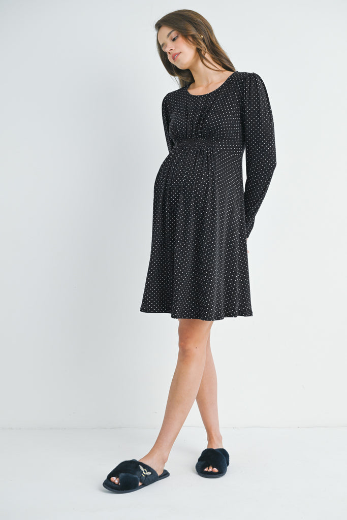 Black Polka Dot Shirred Waist Long Sleeve Maternity Dress Full Body